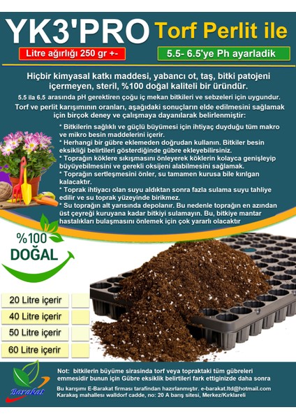 20 Lt YK3PRO Perlit ile Torf. Bitki, Çiçek, Sebze, Tohumu Icin Torf, Toprak