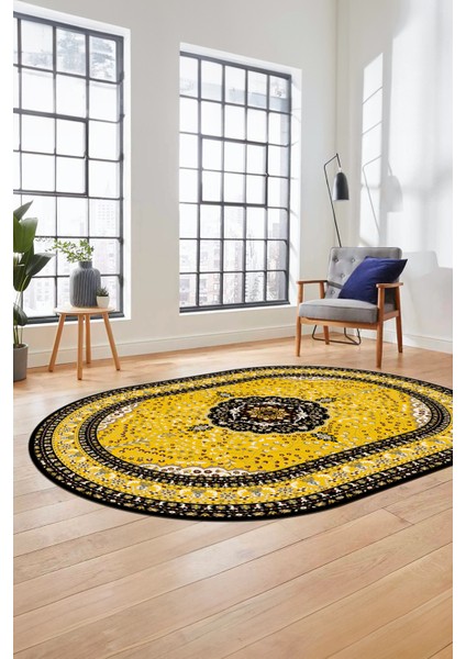 Renkli Klasik Desen Dijital Kaymaz Yıkanabilir Oval Yolluk Salon Halısı, O-Klasik-26-Sarı, fırsatları