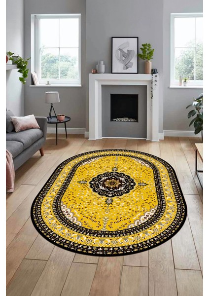 Renkli Klasik Desen Dijital Kaymaz Yıkanabilir Oval Yolluk Salon Halısı, O-Klasik-26-Sarı, indirimleri