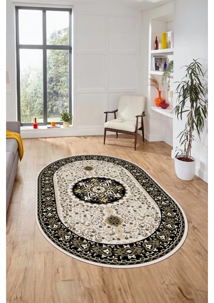 Renkli Klasik Motifli Dijital Kaymaz Yıkanabilir Oval Yolluk Salon Halısı, O-Klasik-27-Siyah,