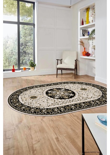 Renkli Klasik Motifli Dijital Kaymaz Yıkanabilir Oval Yolluk Salon Halısı, O-Klasik-27-Siyah, fiyatları