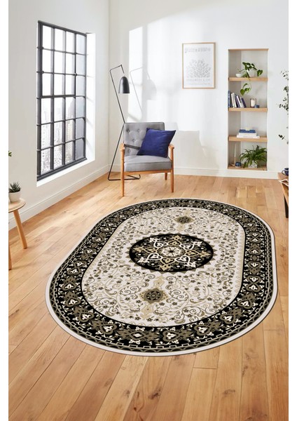 Renkli Klasik Motifli Dijital Kaymaz Yıkanabilir Oval Yolluk Salon Halısı, O-Klasik-27-Siyah, modelleri