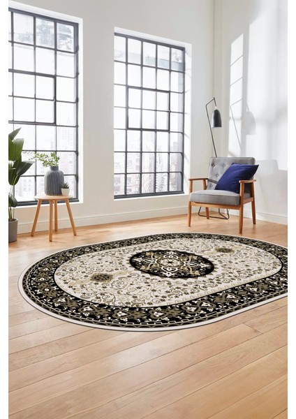 Renkli Klasik Motifli Dijital Kaymaz Yıkanabilir Oval Yolluk Salon Halısı, O-Klasik-27-Siyah, fırsatları