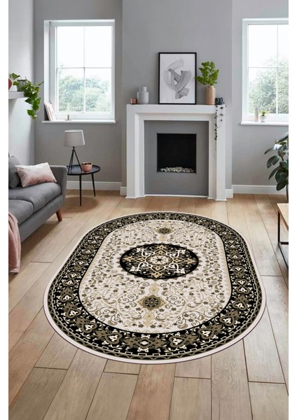 Renkli Klasik Motifli Dijital Kaymaz Yıkanabilir Oval Yolluk Salon Halısı, O-Klasik-27-Siyah, indirimleri