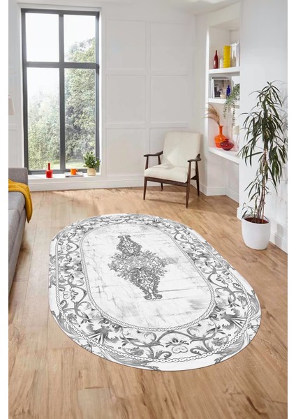 Göbekli Klasik Motifli Dijital Kaymaz Yıkanabilir Oval Yolluk Salon Halısı, O-Klasik-28-Beyaz,