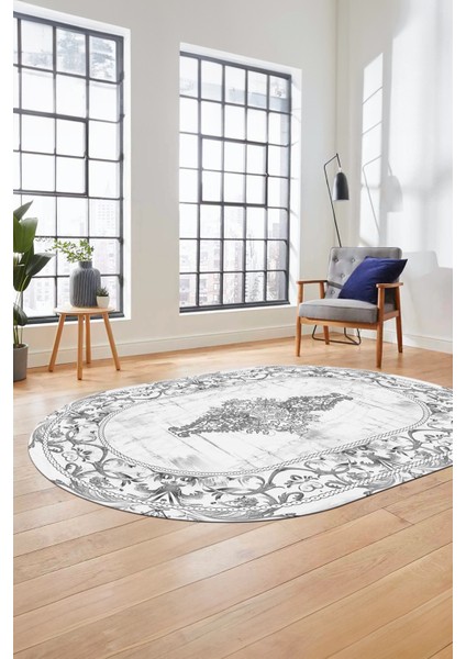 Göbekli Klasik Motifli Dijital Kaymaz Yıkanabilir Oval Yolluk Salon Halısı, O-Klasik-28-Beyaz, fırsatları