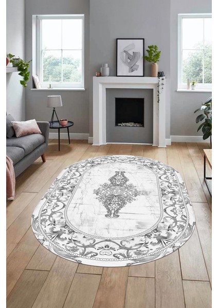 Göbekli Klasik Motifli Dijital Kaymaz Yıkanabilir Oval Yolluk Salon Halısı, O-Klasik-28-Beyaz, indirimleri