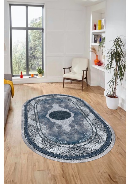 Göbekli Klasik Desen Dijital Kaymaz Yıkanabilir Oval Yolluk Mutfak Salon Halısı, O-Klasik-24-Mavi, fiyatları