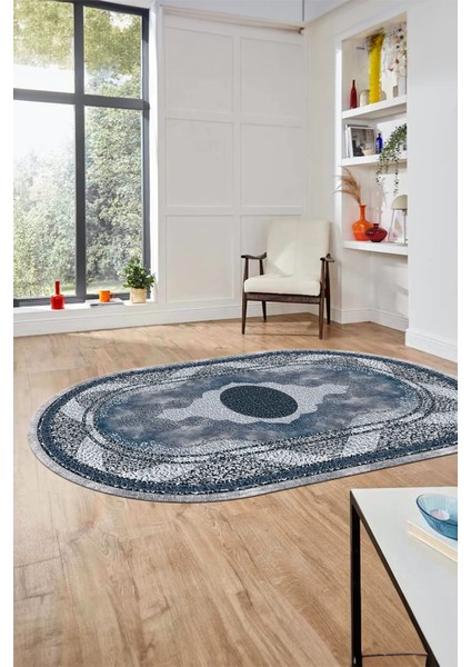 Göbekli Klasik Desen Dijital Kaymaz Yıkanabilir Oval Yolluk Mutfak Salon Halısı, O-Klasik-24-Mavi, modelleri