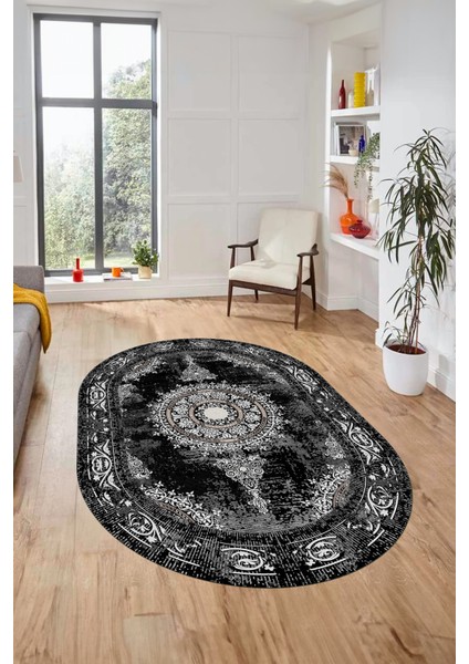 Göbekli Klasik Desen Dijital Kaymaz Yıkanabilir Oval Yolluk Salon Halısı, O-Klasik-25-Siyah,