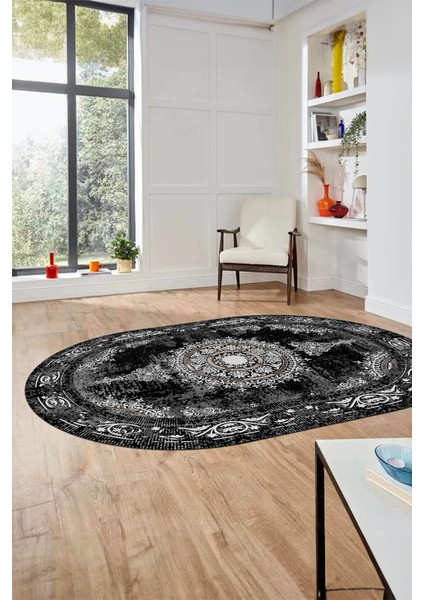 Göbekli Klasik Desen Dijital Kaymaz Yıkanabilir Oval Yolluk Salon Halısı, O-Klasik-25-Siyah, fiyatları