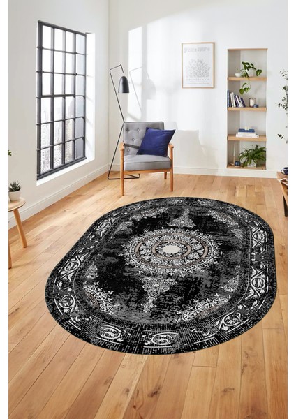 Göbekli Klasik Desen Dijital Kaymaz Yıkanabilir Oval Yolluk Salon Halısı, O-Klasik-25-Siyah, modelleri