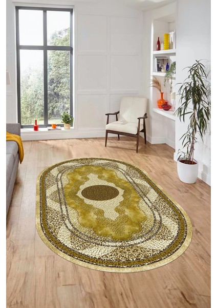 Göbekli Klasik Desen Dijital Kaymaz Yıkanabilir Oval Yolluk Mutfak Salon Halısı, O-Klasik-24-Sarı, fiyatları