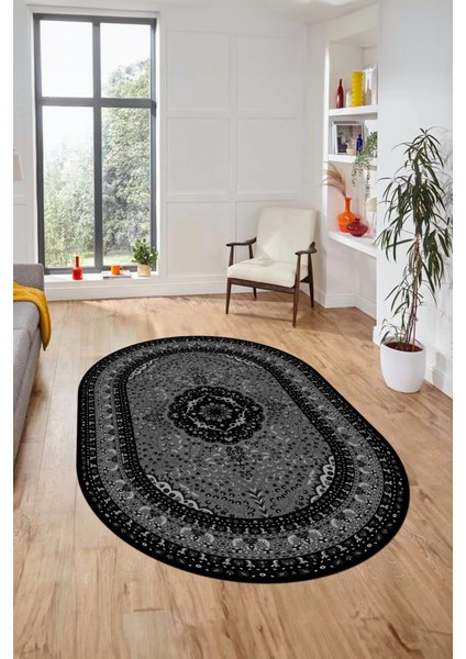 Renkli Klasik Desen Dijital Kaymaz Yıkanabilir Oval Yolluk Salon Halısı, O-Klasik-26-Siyah,