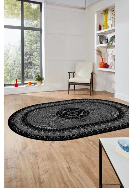 Renkli Klasik Desen Dijital Kaymaz Yıkanabilir Oval Yolluk Salon Halısı, O-Klasik-26-Siyah, fiyatları
