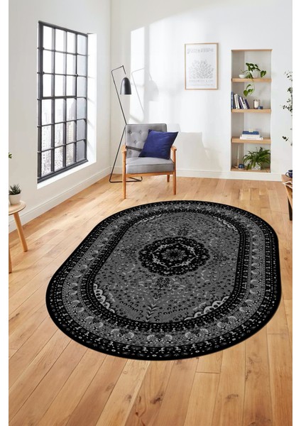 Renkli Klasik Desen Dijital Kaymaz Yıkanabilir Oval Yolluk Salon Halısı, O-Klasik-26-Siyah, modelleri