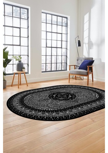 Renkli Klasik Desen Dijital Kaymaz Yıkanabilir Oval Yolluk Salon Halısı, O-Klasik-26-Siyah, fırsatları