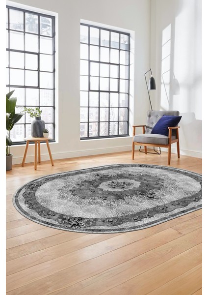 Çiçekli Klasik Motifli Dijital Kaymaz Yıkanabilir Oval Yolluk Salon Halısı, O-Klasik-29-Gri, modelleri