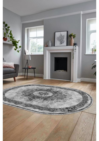 Çiçekli Klasik Motifli Dijital Kaymaz Yıkanabilir Oval Yolluk Salon Halısı, O-Klasik-29-Gri, indirimleri