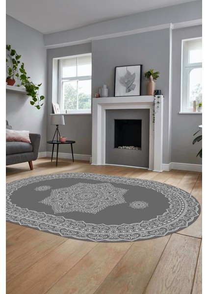Şık Göbekli Klasik Motifli Dijital Kaymaz Yıkanabilir Oval Yolluk Salon Halısı, O-Klasik-30-Gri, fırsatları