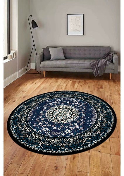 Şık Klasik Desen Dijital Kaymaz Taban Yıkanabilir Yuvarlak Mutfak Salon Halısı, Y-Klasik-14-Mavi, indirimleri