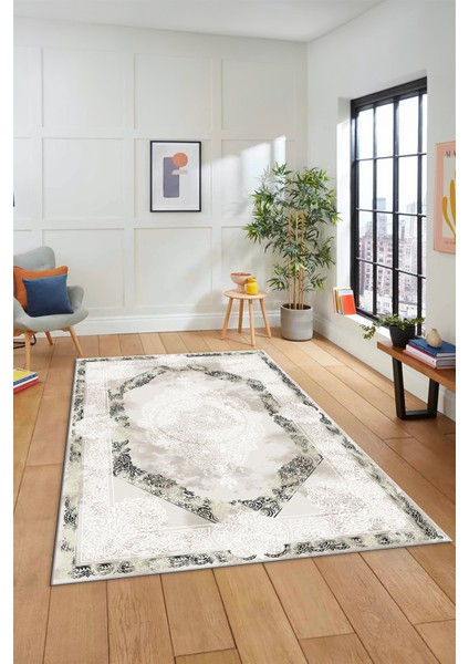 Dijital Kaymaz Yıkanabilir Çerçeveli Klasik Desen Mutfak Salon Halısı, Klasik-01-Vizon,