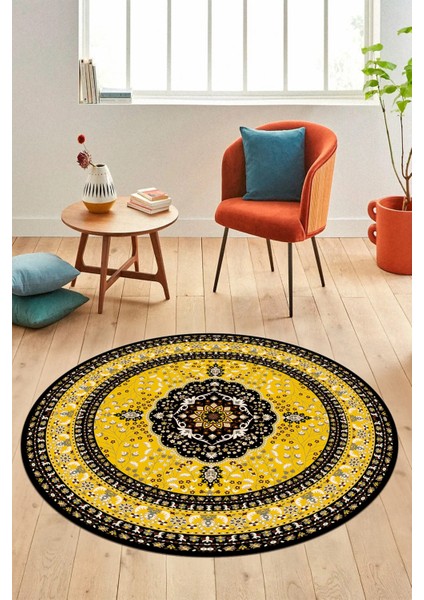 Renkli Klasik Desen Dijital Kaymaz Yıkanabilir Yuvarlak Mutfak Salon Halısı, Y-Klasik-26-Sarı, indirimleri