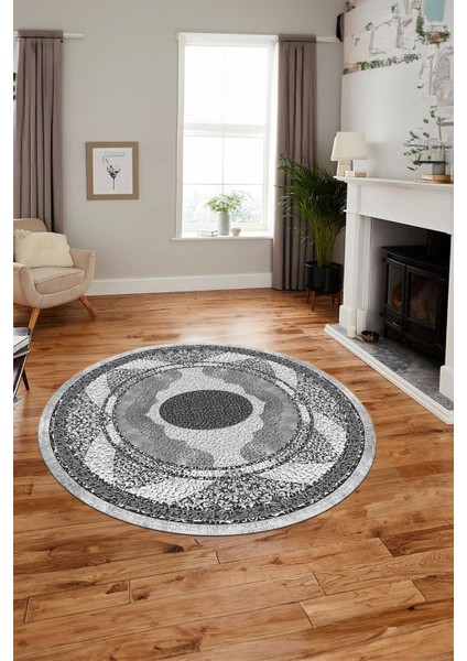 Göbekli Klasik Desenli Dijital Kaymaz Yıkanabilir Yuvarlak Mutfak Salon Halısı, Y-Klasik-24-Gri, fırsatları