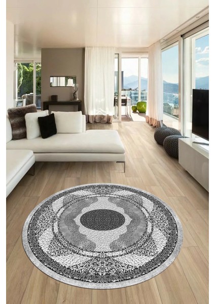 Göbekli Klasik Desenli Dijital Kaymaz Yıkanabilir Yuvarlak Mutfak Salon Halısı, Y-Klasik-24-Gri, indirimleri