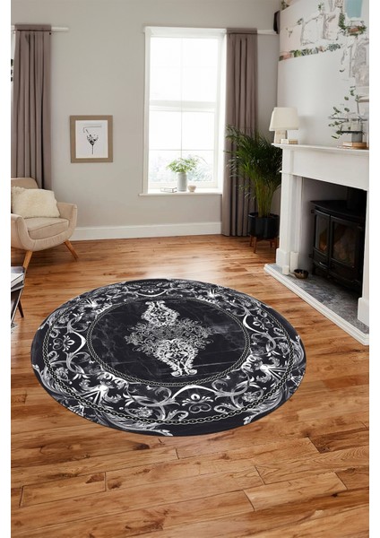 Göbekli Klasik Motifli Dijital Kaymaz Yıkanabilir Yuvarlak Mutfak Salon Halısı, Y-Klasik-28-Antrast, modelleri
