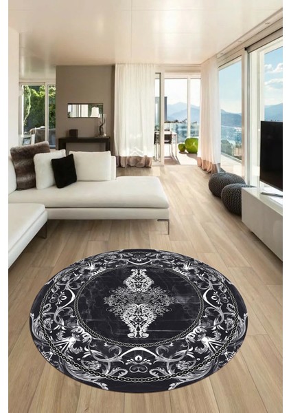 Göbekli Klasik Motifli Dijital Kaymaz Yıkanabilir Yuvarlak Mutfak Salon Halısı, Y-Klasik-28-Antrast, fırsatları
