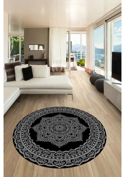 Şık Göbekli Klasik Motif Dijital Kaymaz Yıkanabilir Yuvarlak Mutfak Salon Halısı, Y-Klasik-30-Siyah,