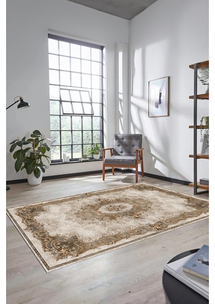 Çiçekli Klasik Motifli Dijital Kaymaz Yıkanabilir Yolluk Mutfak Salon Halısı, Klasik-29-Kahve,