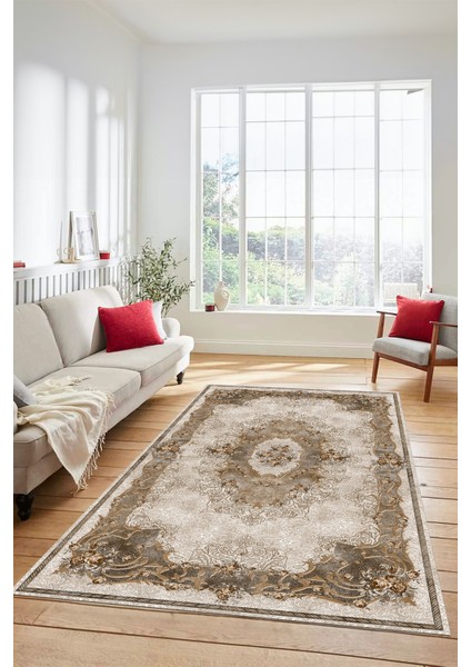 Çiçekli Klasik Motifli Dijital Kaymaz Yıkanabilir Yolluk Mutfak Salon Halısı, Klasik-29-Kahve, fırsatları