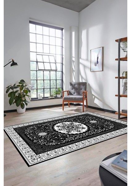 Renkli Klasik Motifli Dijital Kaymaz Yıkanabilir Yolluk Mutfak Salon Halısı, Klasik-27-Antrasit,