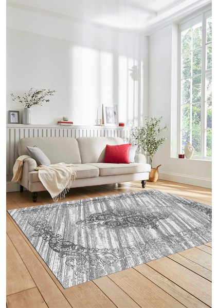 Klasik Desenli Dijital Kaymaz Taban Yıkanabilir Yolluk Mutfak Salon Halısı, Klasik-11-Gri,