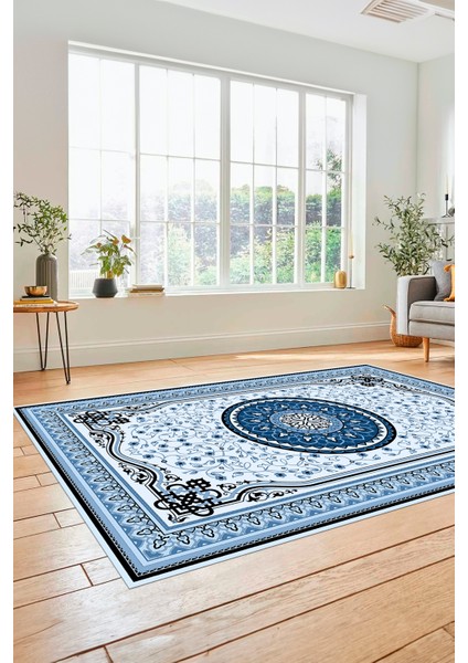 Göbekli Klasik Desen Dijital Kaymaz Taban Yıkanabilir Yolluk Mutfak Salon Halısı, Klasik-18-Mavi, fiyatları