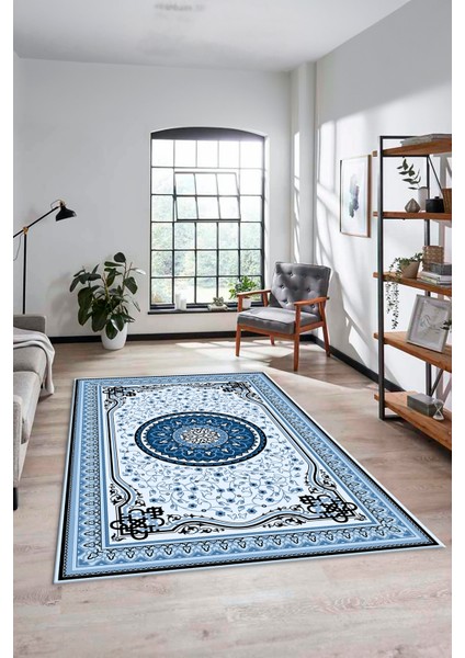 Göbekli Klasik Desen Dijital Kaymaz Taban Yıkanabilir Yolluk Mutfak Salon Halısı, Klasik-18-Mavi, modelleri