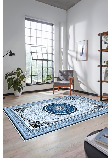 Göbekli Klasik Desen Dijital Kaymaz Taban Yıkanabilir Yolluk Mutfak Salon Halısı, Klasik-18-Mavi, fırsatları