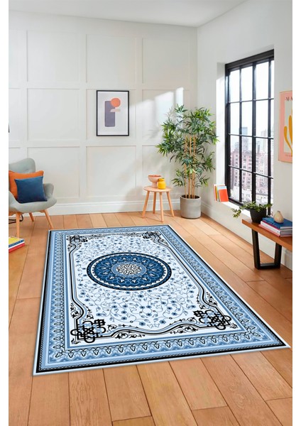 Göbekli Klasik Desen Dijital Kaymaz Taban Yıkanabilir Yolluk Mutfak Salon Halısı, Klasik-18-Mavi, indirimleri