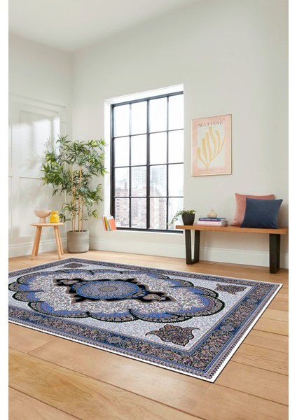 Dijital Kaymaz Yıkanabilir Çerçeveli Göbekli Klasik Desen Salon Halısı, Klasik-02-Mavi, fiyatları