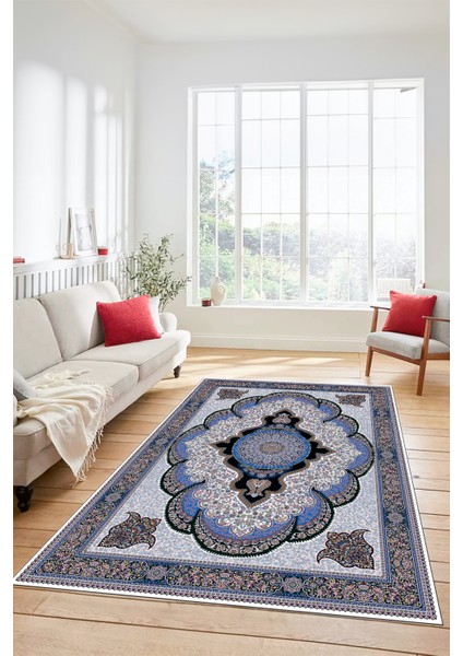 Dijital Kaymaz Yıkanabilir Çerçeveli Göbekli Klasik Desen Salon Halısı, Klasik-02-Mavi, modelleri