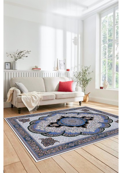 Dijital Kaymaz Yıkanabilir Çerçeveli Göbekli Klasik Desen Salon Halısı, Klasik-02-Mavi, fırsatları