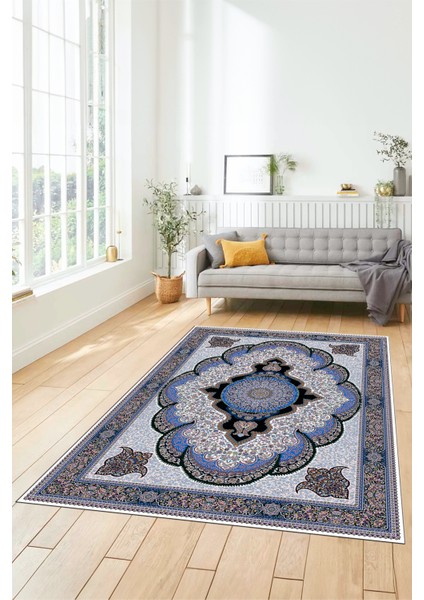 Dijital Kaymaz Yıkanabilir Çerçeveli Göbekli Klasik Desen Salon Halısı, Klasik-02-Mavi, indirimleri