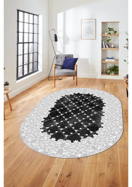 Baskılı Kaymaz Yıkanabilir Klasik Desen Yolluk Oval Mutfak Salon Halısı, O-Klasik-04-Beyaz,