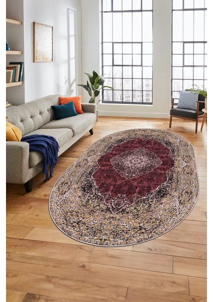 Baskılı Kaymaz Yıkanabilir Göbekli Klasik Desen Oval Yolluk Salon Halısı, O-Klasik-07-Bordo, fırsatları