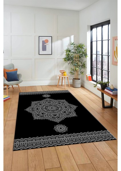 Şık Göbekli Klasik Motifli Dijital Kaymaz Yıkanabilir Yolluk Mutfak Salon Halısı, Klasik-30-Siyah,