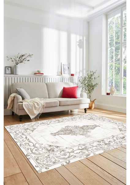 Göbekli Klasik Motifli Dijital Kaymaz Yıkanabilir Yolluk Mutfak Salon Halısı, Klasik-28-Krem, indirimleri