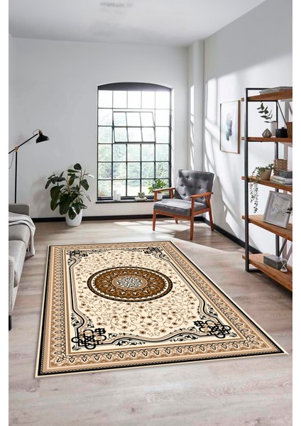 Göbekli Klasik Desen Dijital Kaymaz Taban Yıkanabilir Yolluk Mutfak Salon Halısı, Klasik-18-Kahve, modelleri