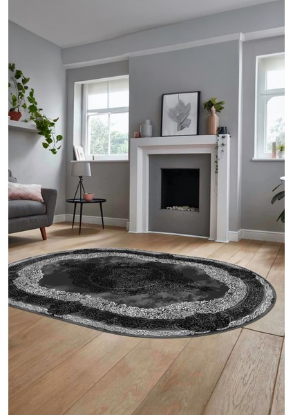 Baskılı Kaymaz Yıkanabilir Çerçeveli Klasik Desen Oval Mutfak Salon Halısı, O-Klasik-01-Antrasit, fırsatları